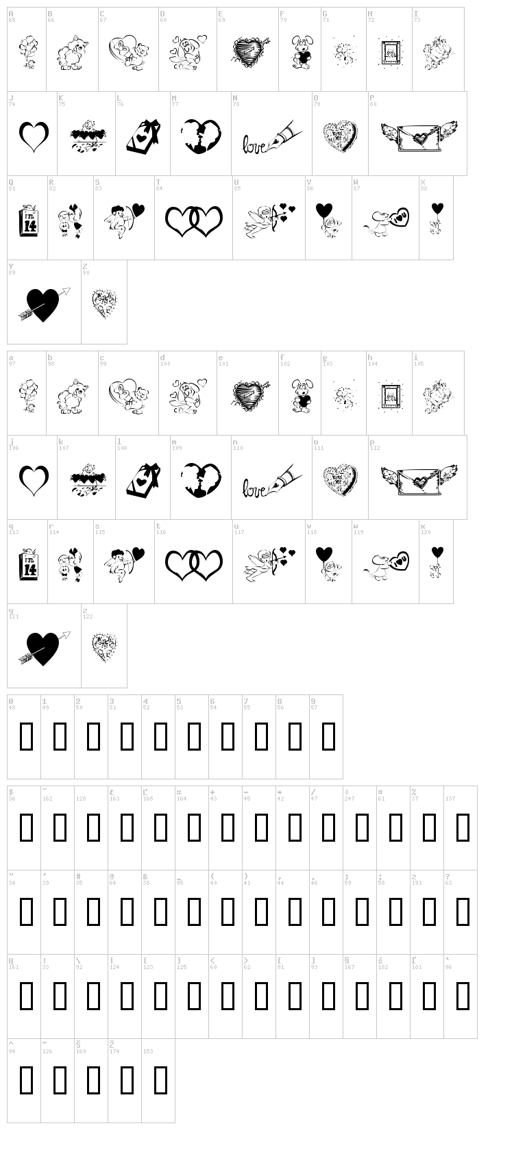 KR Be Mine font map